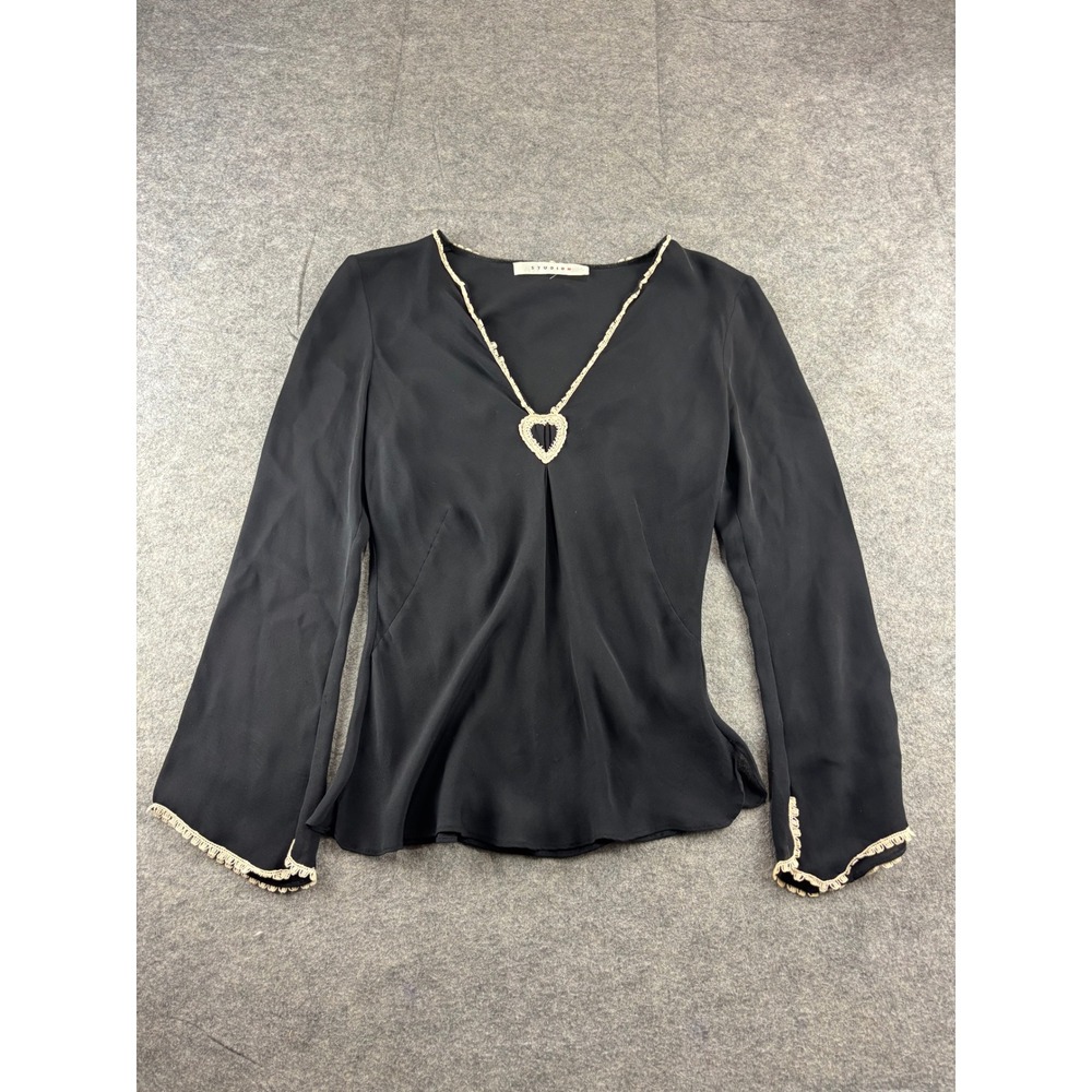 Studio M Black Crochet Trim Heart Bell Sleeve Blouse Whimsygoth Fairy Womens M